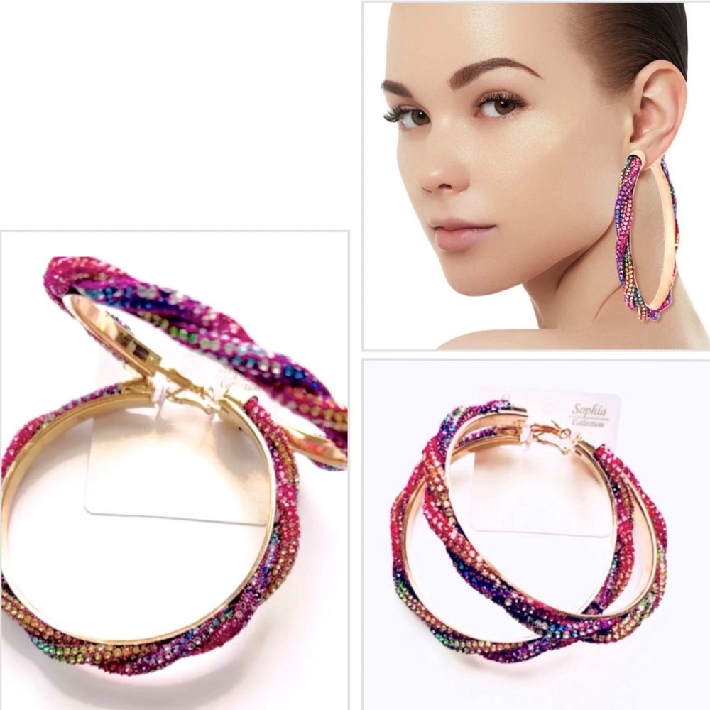 BLING🛍🆕RAINBOW TWISTED RHINESTONE HOOP EARRINGS